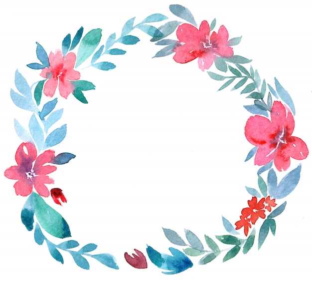 Watercolor illustration with watercolor flowers an  wreath