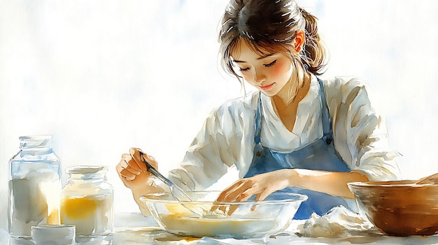 Watercolor Illustration of a Woman Baking