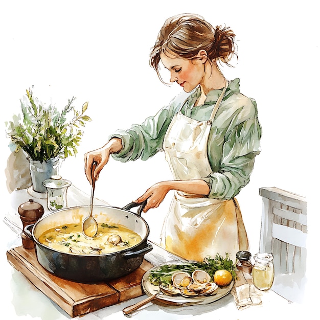 Photo watercolor illustration of a woman cooking soup