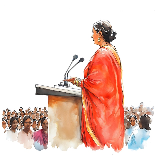 Photo watercolor illustration of a woman giving a speech at a podium