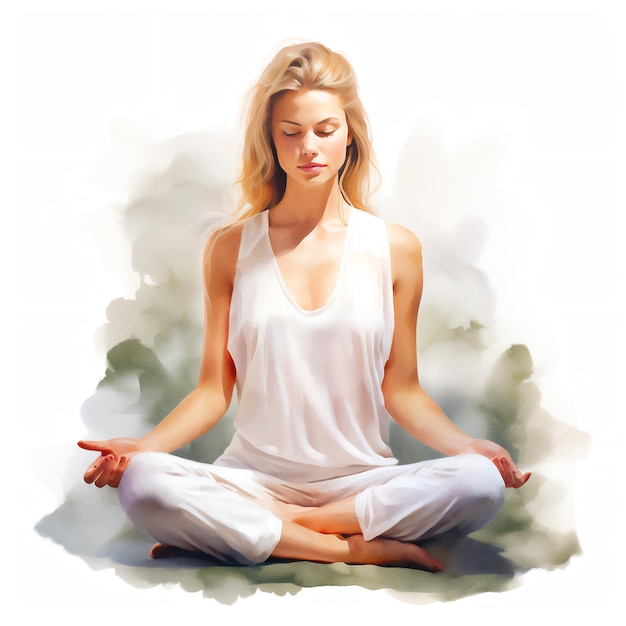 Watercolor Illustration of a Woman Meditating Embracing Zen Relaxation Yoga and Nature