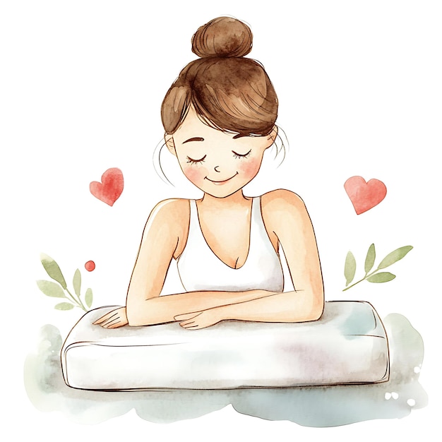 Watercolor Illustration of a Woman Relaxing on a Pillow with Hearts