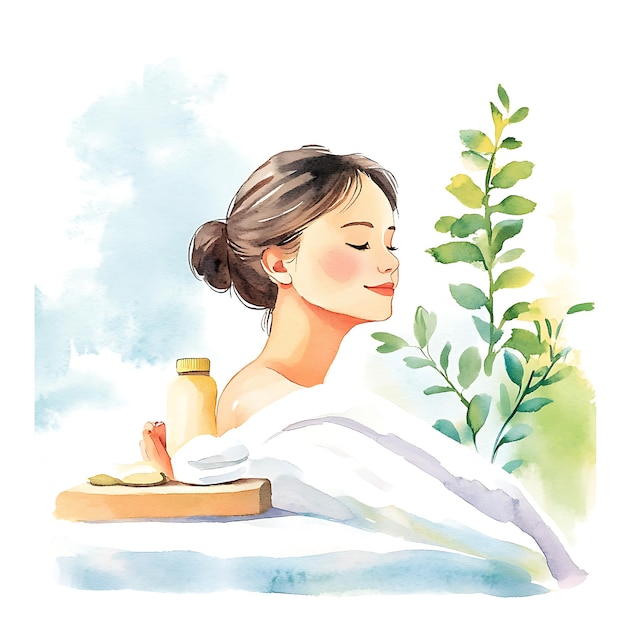 Watercolor Illustration of a Woman Relaxing with Beauty Products