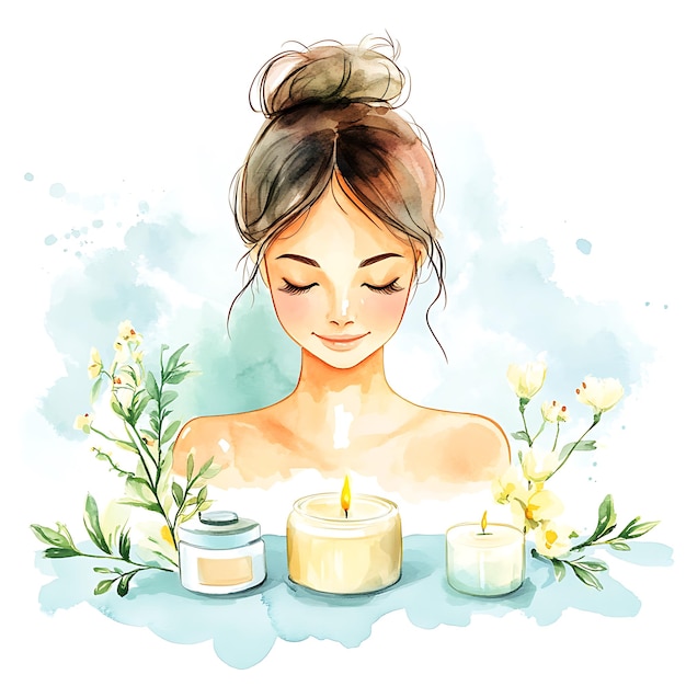 Watercolor Illustration of a Woman Relaxing with Candles and Flowers