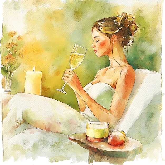 Photo watercolor illustration of a woman relaxing with a glass of wine