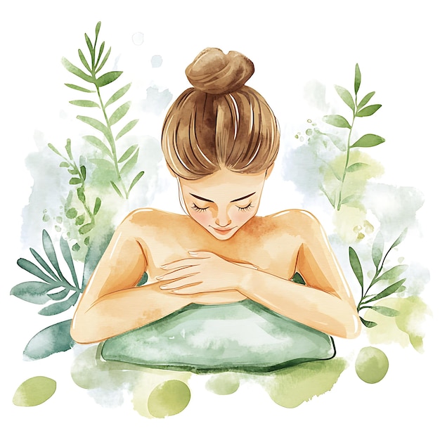 Watercolor Illustration of a Woman Relaxing with a Green Stone