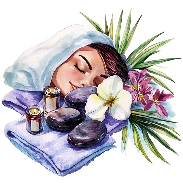 Photo watercolor illustration of a woman relaxing with a spa treatment including hot stones candles and flowers