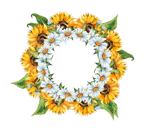 Watercolor illustration of a wreath frame of yellow sunflowers and white daisies Harvest Festival The border is isolated Compositions for posters cards banners flyers covers placards