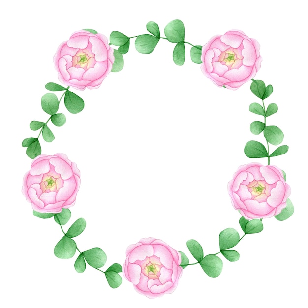 Watercolor illustration of a wreath of ranunculi