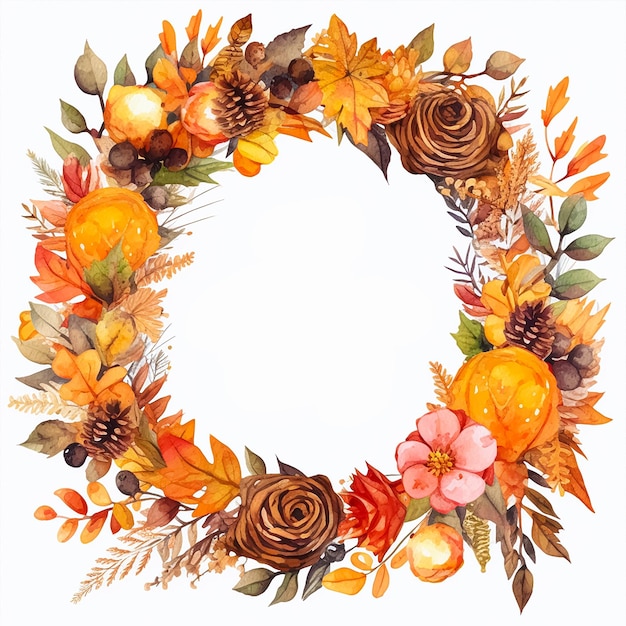 A watercolor illustration of a wreath with flowers and leaves.