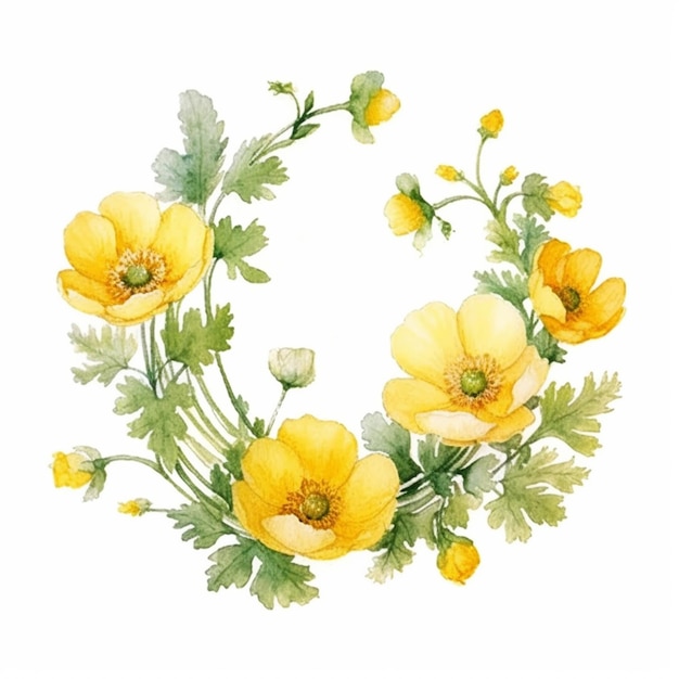 A watercolor illustration of a wreath of yellow flowers with leaves and flowers.