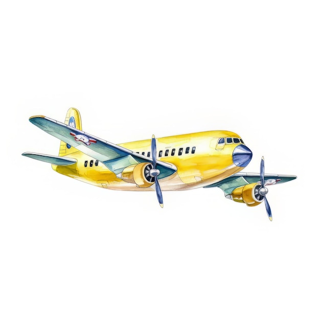 Watercolor illustration of a yellow airplane on a white background