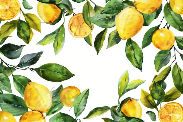 Photo watercolor illustration of yellow lemons with green leaves on white background