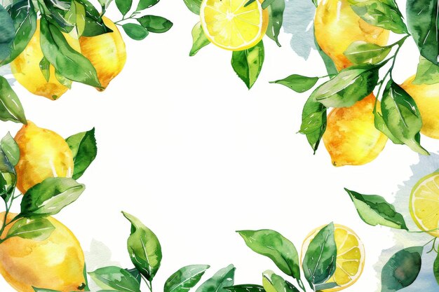 Photo watercolor illustration of yellow lemons with green leaves on white background