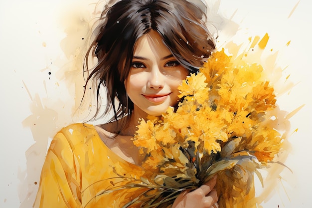 Watercolor illustration of a young beautiful woman with a bouquet of yellow flowers