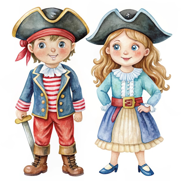 Photo watercolor illustration of a young boy and girl dressed in pirate costumes symbolizing adventu