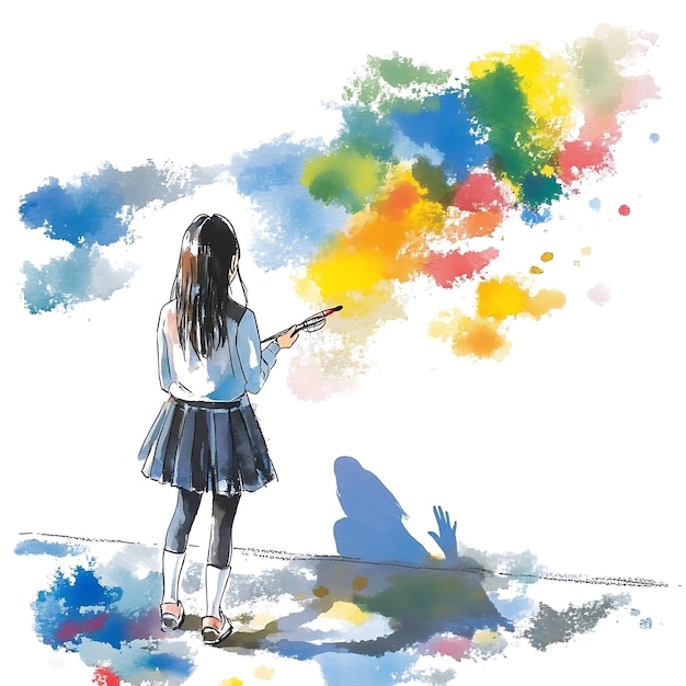 Photo watercolor illustration of a young girl painting on a wall