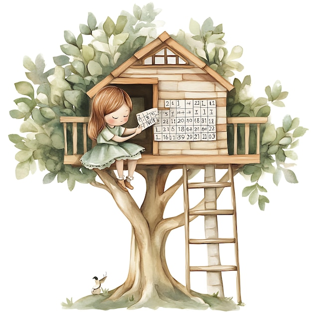 Watercolor Illustration of a Young Girl Sitting in a Treehouse with a Calendar