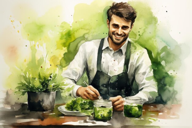 watercolor illustration of young male mixing ingredients for delicious dish creation at kitchen