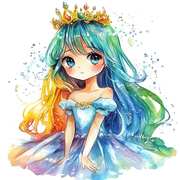 Watercolor Illustration of a Young Princess with Blue and Yellow Hair