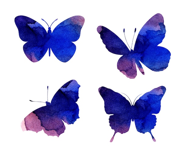 Watercolor illustrations of beautiful lilac silhouettes of butterflies. Insect traps. Watercolor blots, butterflies. Isolated on white. Hand drawn