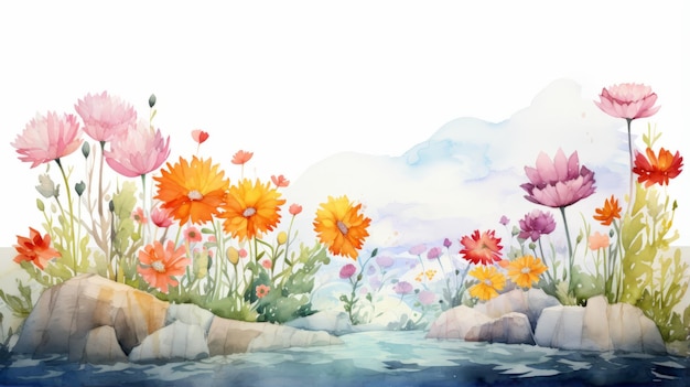 Watercolor Illustrations of Flower on Mountain River with Butterflies