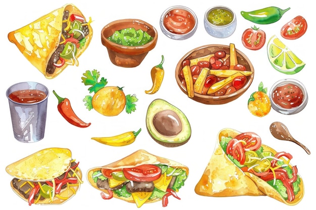 Watercolor illustrations of traditional Mexican cuisine including tacos chips and guacamole on a white background