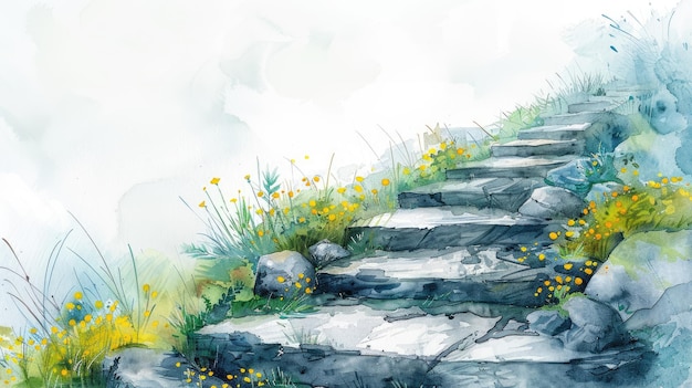 Watercolor image of a natural stone path in the spring sunlight Hello Spring