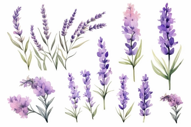 Watercolor image of a set of lavender flowers on a white background