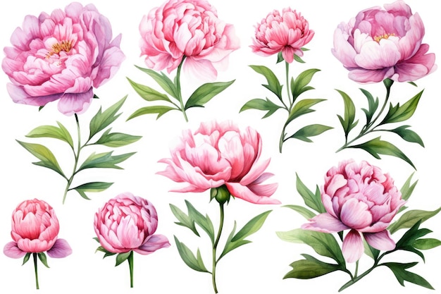 Watercolor image of a set of peony flowers on a white background