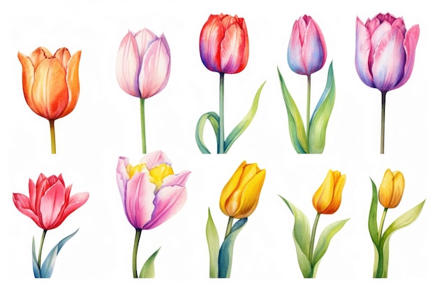 Watercolor image of a set of tulip flowers on a white background