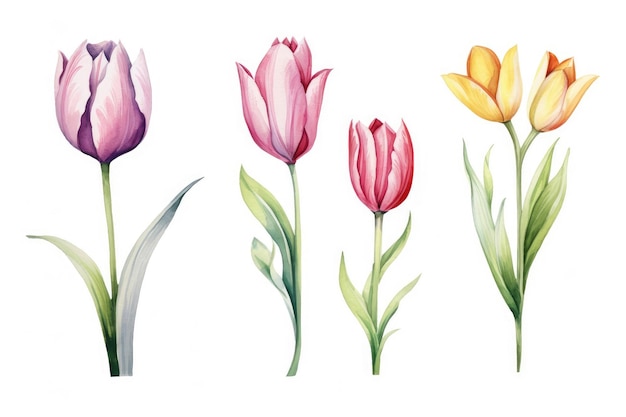 Watercolor image of a set of tulip flowers on a white background