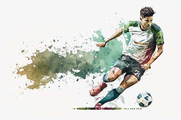 Watercolor image of soccer player kicking the ball Generative AI