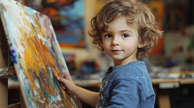 Photo a watercolor image of a young child prodigy painting on a canvas