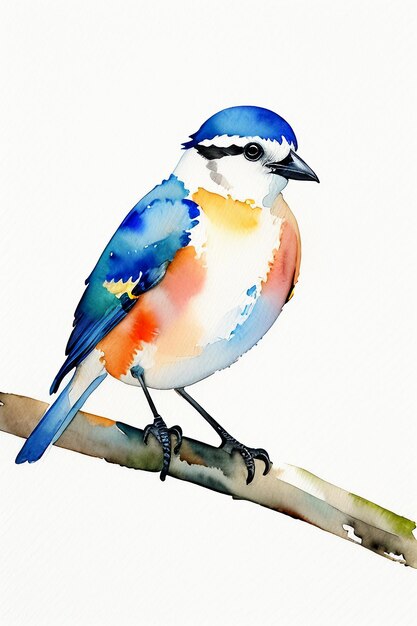 Watercolor ink style colorful bird animal wallpaper background illustration standing on branch