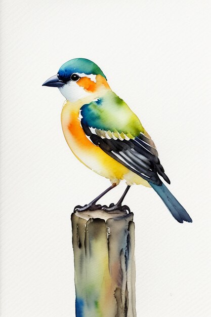 Watercolor ink style colorful bird animal wallpaper background illustration standing on branch