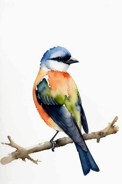 Watercolor ink style colorful bird animal wallpaper background illustration standing on branch