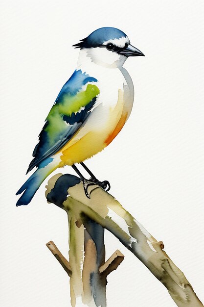 Watercolor ink style colorful bird animal wallpaper background illustration standing on branch