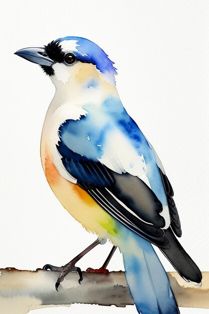 Watercolor ink style colorful bird animal wallpaper background illustration standing on branch