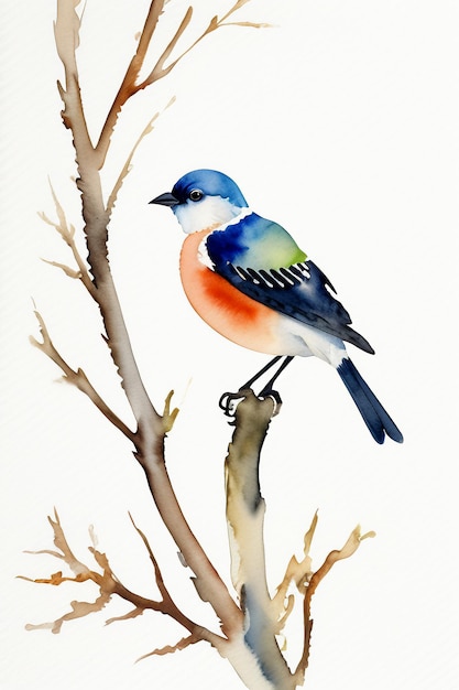 Watercolor ink style colorful bird animal wallpaper background illustration standing on branch