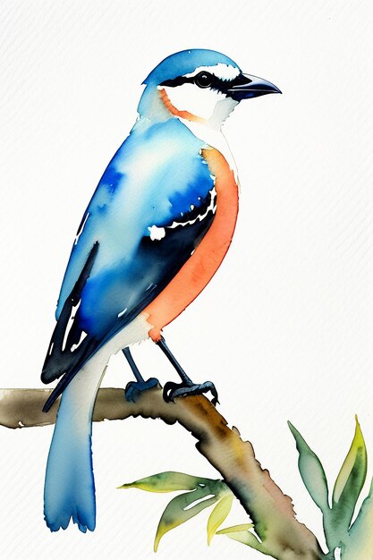 Watercolor ink style colorful bird animal wallpaper background illustration standing on branch