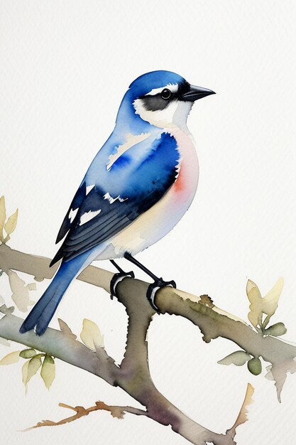 Watercolor ink style colorful bird animal wallpaper background illustration standing on branch