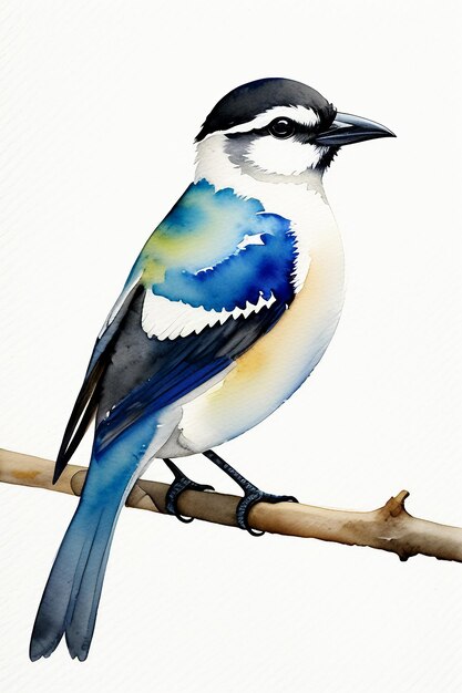 Watercolor ink style colorful bird animal wallpaper background illustration standing on branch