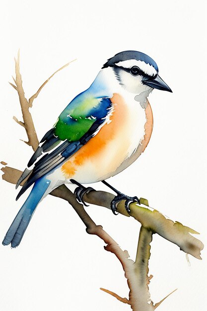 Watercolor ink style colorful bird animal wallpaper background illustration standing on branch