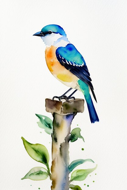 Watercolor ink style colorful bird animal wallpaper background illustration standing on branch