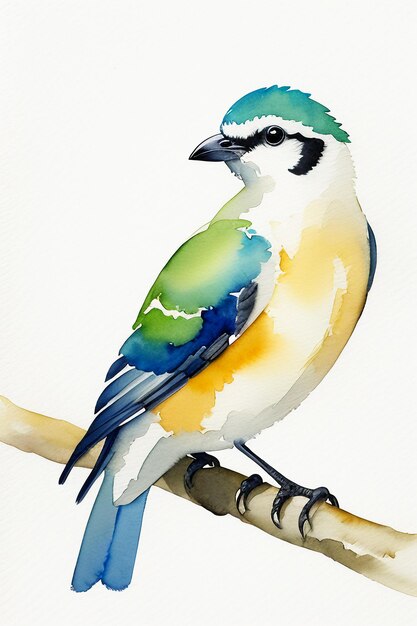 Watercolor ink style colorful bird animal wallpaper background illustration standing on branch