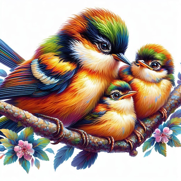 Watercolor ink style colorful bird couple wallpaper background illustration standing on branch