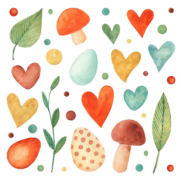 watercolor isolated set with leaves and mushrooms with eggs