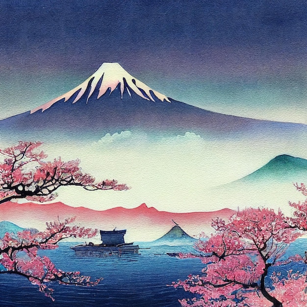 Watercolor Japan Mount Fuji with blooming skaura Digital art