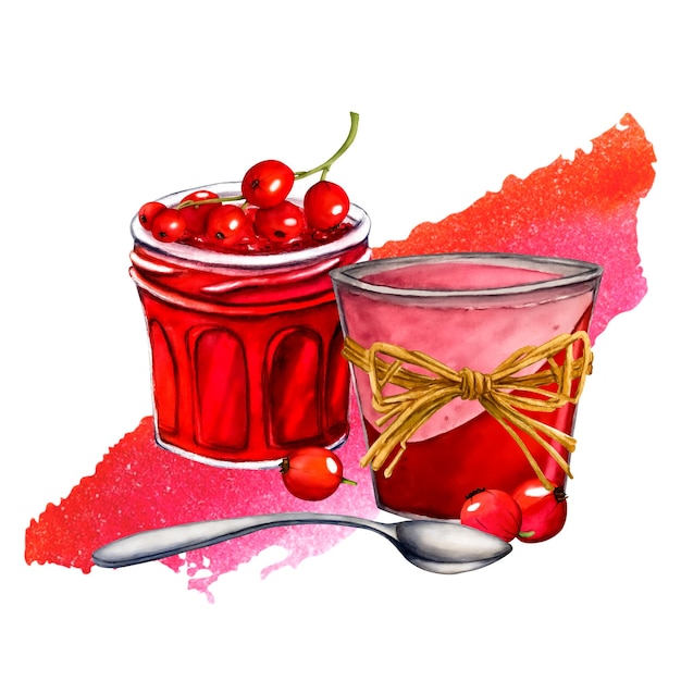 Watercolor jar with jelly isolated on white background Hand drawn illustration Clip art berry branches and red watercolor stains